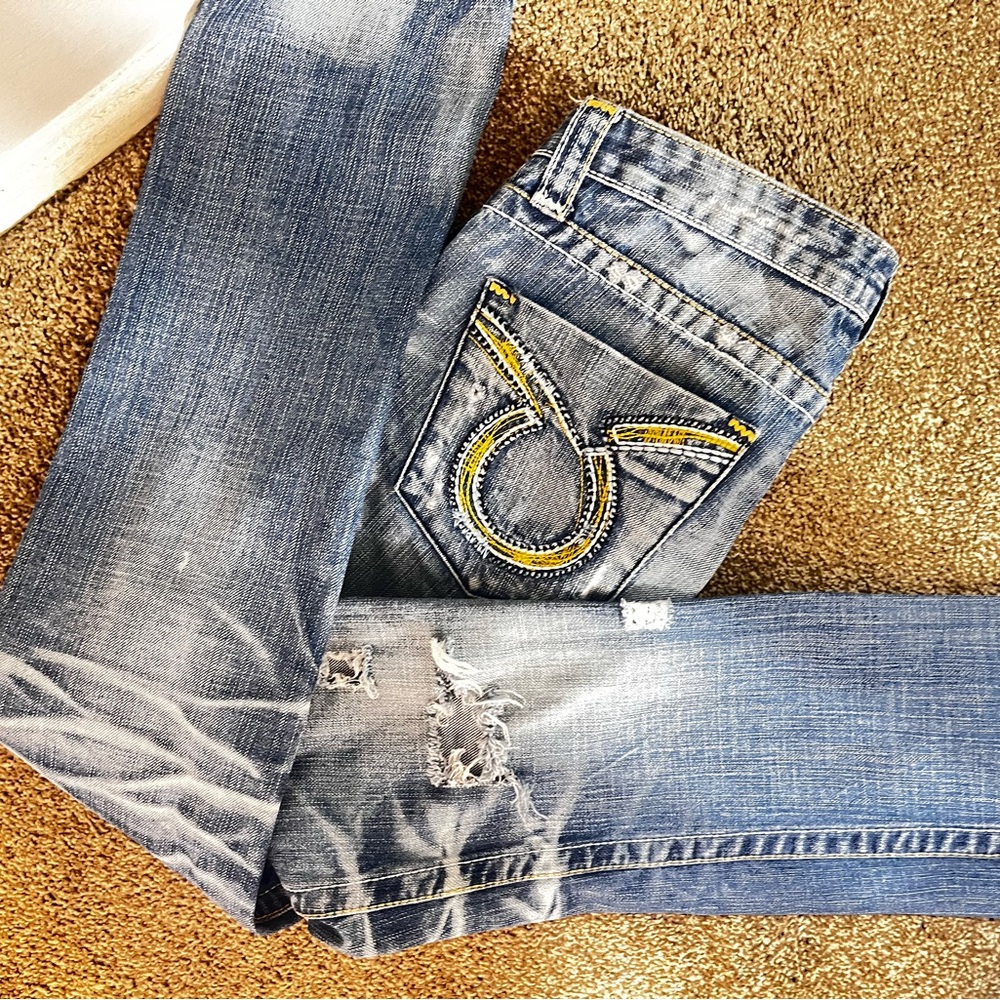 Big Star Boot Cut Jeans Blue Yellow Embroidery